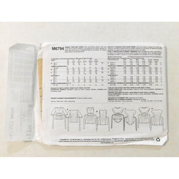 McCalls M6794 Easy Misses Tops Tunics Sizes XS - M Sewing Pattern Uncut - Picture 2 of 4